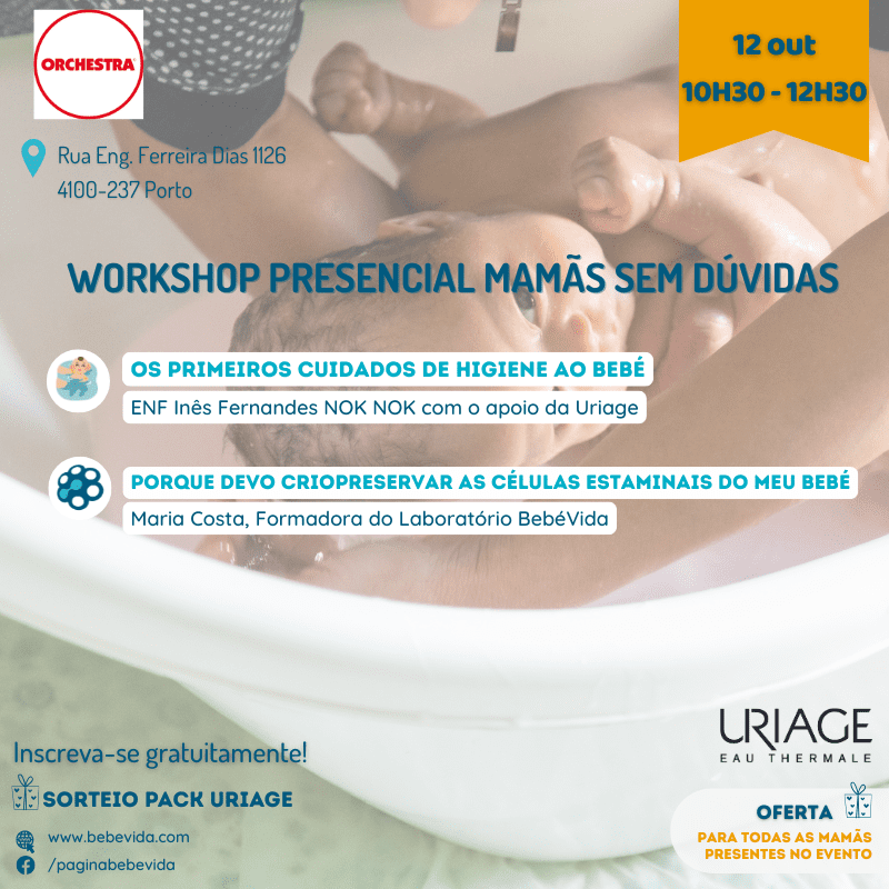 12 de out | Workshop Presencial | Das 10h às 12h30 | Porto | Uriage | Banho do bebé