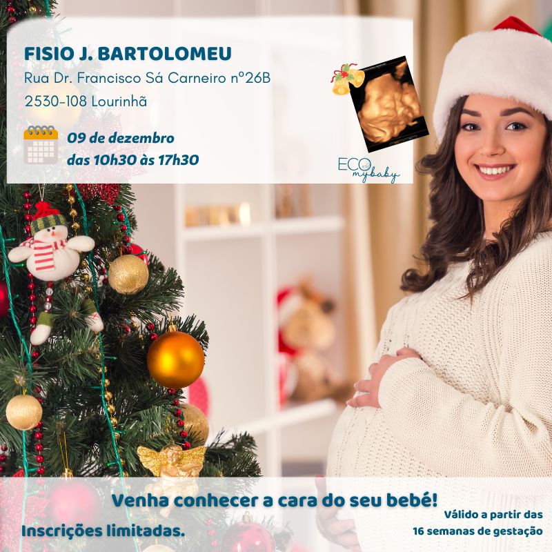Válido a partir das 16 semanas de gestação Venha conhecer a cara do seu bebé! Inscrições limitadas. 09 de dezembro das 10h30 às 17h30 Rua Dr. Francisco Sá Carneiro nº26B 2530-108 Lourinhã Fisio J. Bartolomeu